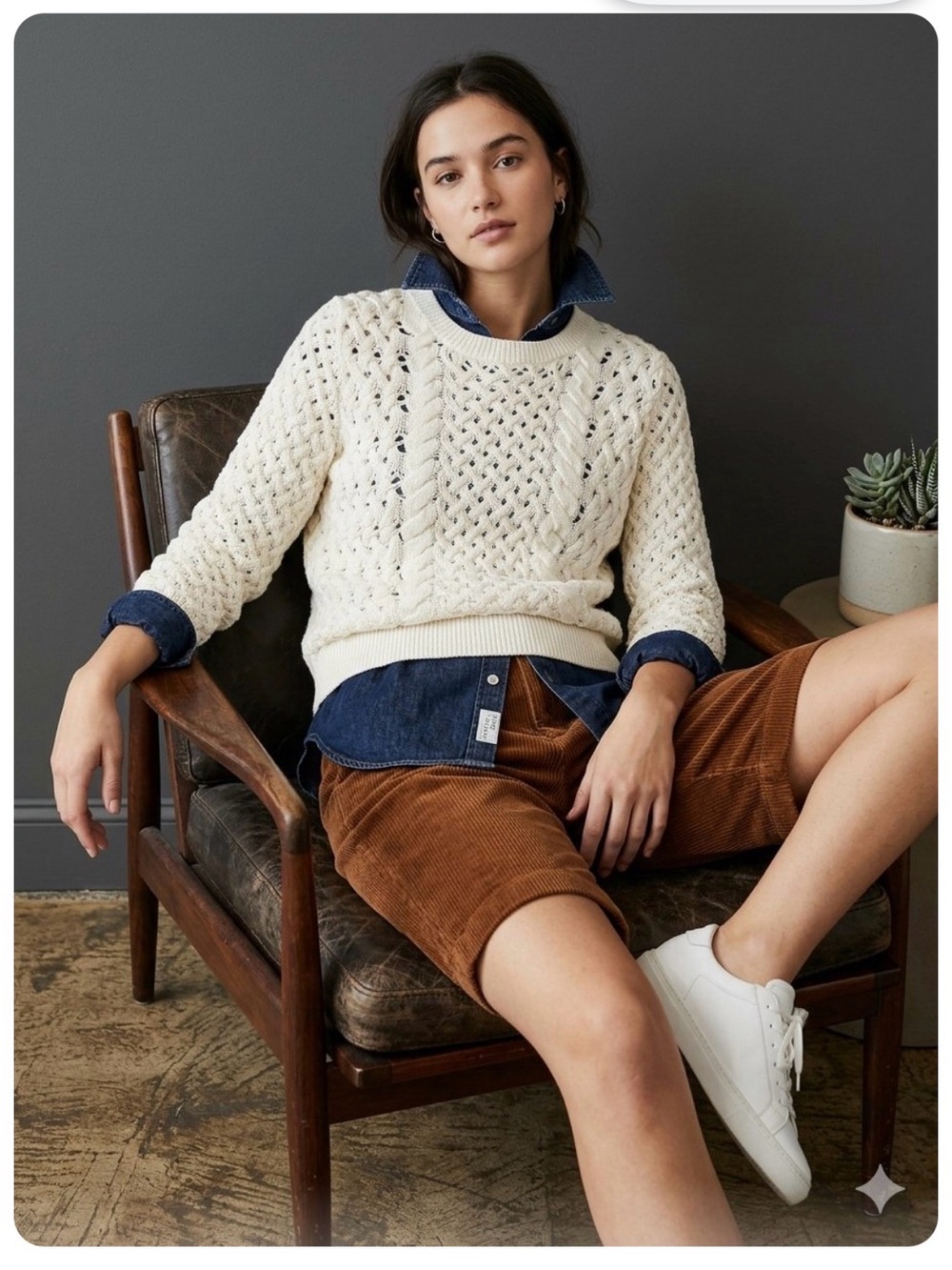 ANTHROPOLOGIE Cotton Off-White Chunky Cotton Crew-Neck Sweater